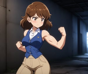 beautiful sexy anime girl with long brown hair & a muscular body, clenching her fists, fight idle pose, wearing white sleeveless button up collared shirt with a blue vest over it & beige khaki pants, in a abandoned urban dark alley in a dark night sky, 1girl
