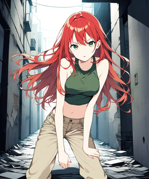 sexy redhead teenage anime girl with long red hair and green eyes, serious facial expression, wearing a dark green sleeveless crop top & beige khaki pants, in a abandoned urban dark alley in a dark night sky, 1girl