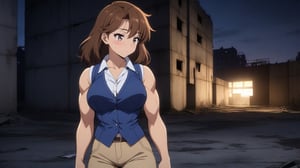 beautiful sexy anime girl with long brown hair & a muscular body, wearing white sleeveless button up collared shirt with a blue vest over it & beige khaki pants, in a abandoned urban construction site at night time, 1girl