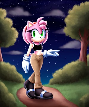 amy rose, sonic the hedgehog \(series\), red headband, short hair, forest, night, clouds, black shoes, gloves, black sleevless crop top, khaki pants, solo, 1girl