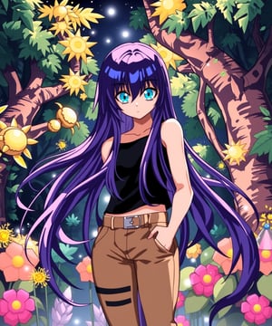 beautiful sexy anime girl with long purple hair & blue eyes, wearing black sleeveless crop top & beige khaki pants, in a enchanted forest in a dark night sky, 1girl