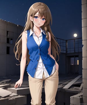 beautiful sexy anime girl with long brown hair, wearing white sleeveless button up collared shirt with a blue vest over it & beige khaki pants, in a abandoned urban construction site at night time, 1girl