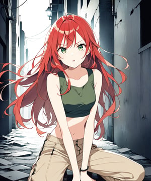 sexy redhead teenage anime girl with long red hair and green eyes, serious facial expression, wearing a dark green sleeveless crop top & beige khaki pants, in a abandoned urban dark alley in a dark night sky, 1girl