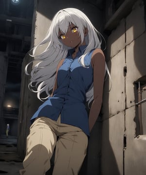 Brown skin beautiful sexy anime girl with long silver hair & yellow eyes, wearing blue sleeveless button up collared shirt & beige khaki pants, inside of a abandoned biomechanical prison in a dark night sky, 1girl, dystopian