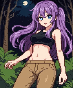 beautiful sexy anime girl with long purple hair & blue eyes, wearing black sleeveless crop top & beige khaki pants, in a enchanted forest in a dark night sky, 1girl