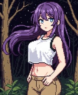 beautiful sexy anime girl with long purple hair & blue eyes, wearing black sleeveless crop top & beige khaki pants, in a enchanted forest in a dark night sky, 1girl