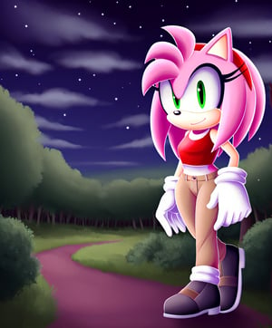 amy rose, sonic the hedgehog \(series\), red headband, long hair, forest, night, clouds, black shoes, gloves, black sleevless crop top, khaki pants, solo, 1girl