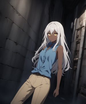 Brown skin beautiful sexy anime girl with long silver hair & yellow eyes, wearing blue sleeveless button up collared shirt & beige khaki pants, inside of a abandoned biomechanical prison in a dark night sky, 1girl, dystopian