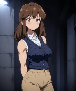 beautiful sexy anime girl with long brown hair & having a muscular body, wearing white sleeveless button up collared shirt with a blue quilted vest over it & beige khaki pants, in a abandoned urban dark alley in a dark night sky, 1girl