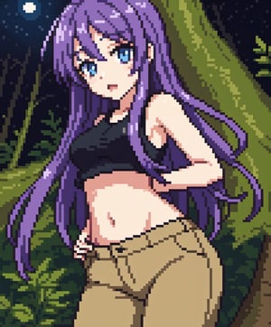 beautiful sexy anime girl with long purple hair & blue eyes, wearing black sleeveless crop top & beige khaki pants, in a enchanted forest in a dark night sky, 1girl