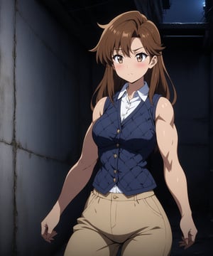 beautiful sexy anime girl with long brown hair & having a muscular body, wearing white sleeveless button up collared shirt with a blue quilted vest over it & beige khaki pants, in a abandoned urban dark alley in a dark night sky, 1girl