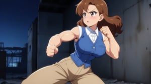  beautiful sexy anime girl with long brown hair & a muscular body, clenching her fists, fight idle pose, wearing white sleeveless button up collared shirt with a blue vest over it & beige khaki pants, in a abandoned urban construction site at night time, 1girl