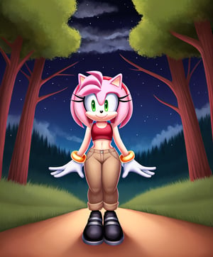 amy rose, sonic the hedgehog \(series\), red headband, short hair, forest, night, clouds, black shoes, gloves, black sleevless crop top, khaki pants, solo, 1girl