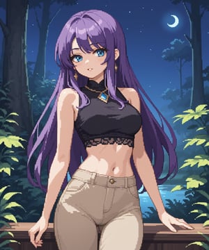 beautiful sexy anime girl with long purple hair & blue eyes, wearing black sleeveless crop top & beige khaki pants, in a enchanted forest in a dark night sky, 1girl