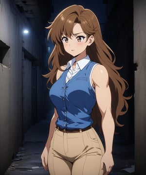 beautiful sexy anime girl with long brown hair & a muscular body, wearing white sleeveless button up collared shirt with a blue vest over it & beige khaki pants, in a abandoned urban dark alley in a dark night sky, 1girl