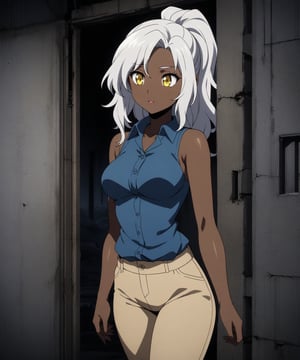 Brown skin beautiful sexy anime girl with long silver hair & yellow eyes, wearing blue sleeveless button up collared shirt & beige khaki pants, inside of a abandoned biomechanical prison in a dark night sky, 1girl, dystopian