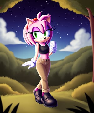 amy rose, sonic the hedgehog \(series\), red headband, short hair, forest, night, clouds, black shoes, gloves, black sleevless crop top, khaki pants, solo, 1girl