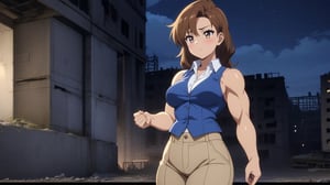 beautiful sexy anime girl with long brown hair & a muscular body, wearing white sleeveless button up collared shirt with a blue vest over it & beige khaki pants, in a abandoned urban construction site at night time, 1girl