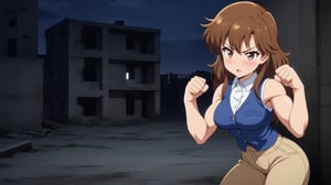  beautiful sexy anime girl with long brown hair & a muscular body, clenching her fists, fight idle pose, wearing white sleeveless button up collared shirt with a blue vest over it & beige khaki pants, in a abandoned urban construction site at night time, 1girl