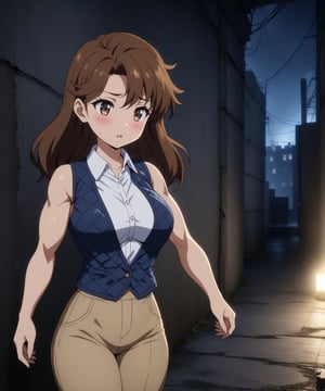 beautiful sexy anime girl with long brown hair & having a muscular body, wearing white sleeveless button up collared shirt with a blue quilted vest over it & beige khaki pants, in a abandoned urban dark alley in a dark night sky, 1girl