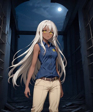 Brown skin beautiful sexy anime girl with long silver hair & yellow eyes, wearing blue sleeveless button up collared shirt & beige khaki pants, inside of a abandoned biomechanical prison in a dark night sky, 1girl, dystopian