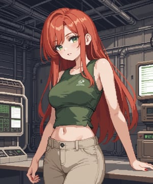 sexy redhead teenage anime girl with long red hair & green eyes, wearing a dark green sleeveless crop top & beige khaki pants, inside of a abandoned urban factory in a dark night sky, 1girl