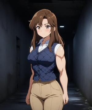 beautiful sexy anime girl with long brown hair & having a muscular body, wearing white sleeveless button up collared shirt with a blue quilted vest over it & beige khaki pants, in a abandoned urban dark alley in a dark night sky, 1girl