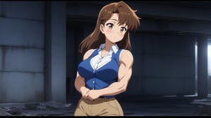 beautiful sexy anime girl with long brown hair & a muscular body, wearing white sleeveless button up collared shirt with a blue vest over it & beige khaki pants, in a abandoned urban construction site at night time, 1girl