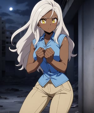 Brown skin beautiful sexy anime girl with long silver hair & yellow eyes, clenching her fists, fight idle pose, wearing blue sleeveless button up collared shirt & beige khaki pants, in a abandoned urban construction site in a dark night sky, 1girl