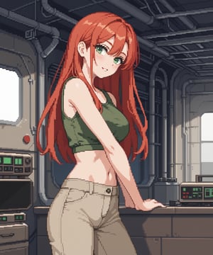 sexy redhead teenage anime girl with long red hair & green eyes, wearing a dark green sleeveless crop top & beige khaki pants, inside of a abandoned urban factory in a dark night sky, 1girl