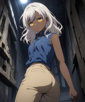 Brown skin beautiful sexy anime girl with long silver hair & yellow eyes, wearing blue sleeveless button up collared shirt & beige khaki pants, inside of a abandoned biomechanical prison in a dark night sky, 1girl, dystopian