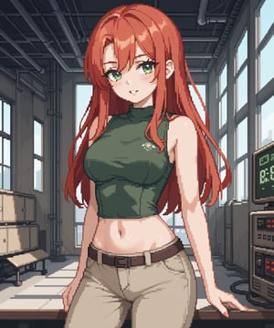 sexy redhead teenage anime girl with long red hair & green eyes, wearing a dark green sleeveless crop top & beige khaki pants, inside of a abandoned urban factory in a dark night sky, 1girl