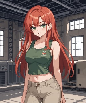 sexy redhead teenage anime girl with long red hair & green eyes, wearing a dark green sleeveless crop top & beige khaki pants, inside of a abandoned urban factory in a dark night sky, 1girl