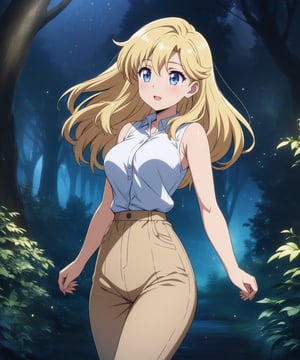 beautiful sexy blonde anime girl with long blonde hair & blue eyes, wearing white sleeveless button up collared shirt & beige khaki pants, in a enchanted forest in a dark night sky, 1girl