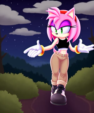 amy rose, sonic the hedgehog \(series\), red headband, long hair, forest, night, clouds, black shoes, gloves, black sleevless crop top, khaki pants, solo, 1girl