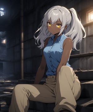 Brown skin beautiful sexy anime girl with long silver hair & yellow eyes, wearing blue sleeveless button up collared shirt & beige khaki pants, inside of a abandoned biomechanical prison in a dark night sky, 1girl, dystopian