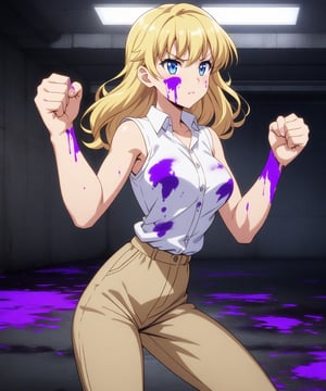 beautiful sexy blonde anime girl with long blonde hair & blue eyes, clenching her fists, fight idle pose, wearing white sleeveless button up collared shirt & beige khaki pants, covered in purple blood, abandoned parking garage covered in purple blood at night time, 1girl