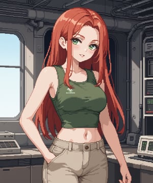 sexy redhead teenage anime girl with long red hair & green eyes, wearing a dark green sleeveless crop top & beige khaki pants, inside of a abandoned urban factory in a dark night sky, 1girl