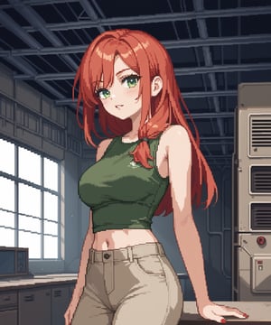 sexy redhead teenage anime girl with long red hair & green eyes, wearing a dark green sleeveless crop top & beige khaki pants, inside of a abandoned urban factory in a dark night sky, 1girl