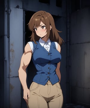 beautiful sexy anime girl with long brown hair & a muscular body, wearing white sleeveless button up collared shirt with a blue vest over it & beige khaki pants, in a abandoned urban dark alley in a dark night sky, 1girl
