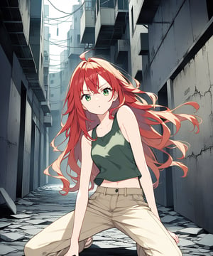 sexy redhead teenage anime girl with long red hair and green eyes, serious facial expression, wearing a dark green sleeveless crop top & beige khaki pants, in a abandoned urban dark alley in a dark night sky, 1girl