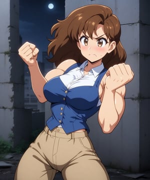  beautiful sexy anime girl with long brown hair & a muscular body, clenching her fists, fight idle pose, wearing white sleeveless button up collared shirt with a blue vest over it & beige khaki pants, in a abandoned urban construction site at night time, 1girl