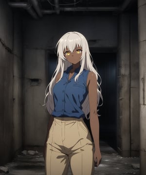 Brown skin beautiful sexy anime girl with long silver hair & yellow eyes, wearing blue sleeveless button up collared shirt & beige khaki pants, inside of a abandoned biomechanical prison in a dark night sky, 1girl, dystopian