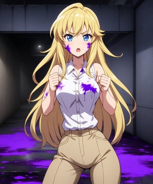 beautiful sexy blonde anime girl with long blonde hair & blue eyes, clenching her fists, fight idle pose, wearing white sleeveless button up collared shirt & beige khaki pants, covered in purple blood, abandoned parking garage covered in purple blood at night time, 1girl
