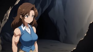 beautiful sexy anime girl with long brown hair & a muscular body, wearing white sleeveless button up collared shirt with a blue vest over it & beige khaki pants, inside of a dark cave in a dark night sky, 1girl