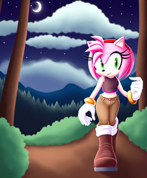 amy rose, sonic the hedgehog \(series\), red headband, short hair, forest, night, clouds, boots, gloves, black sleevless crop top, khaki pants     