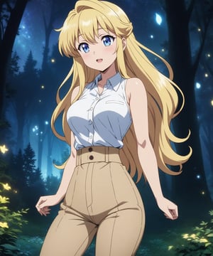 beautiful sexy blonde anime girl with long blonde hair & blue eyes, wearing white sleeveless button up collared shirt & beige khaki pants, in a enchanted forest in a dark night sky, 1girl