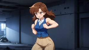  beautiful sexy anime girl with long brown hair & a muscular body, clenching her fists, fight idle pose, wearing white sleeveless button up collared shirt with a blue vest over it & beige khaki pants, in a abandoned urban construction site at night time, 1girl