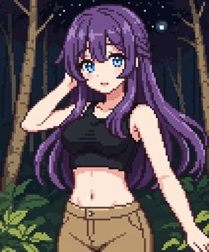 beautiful sexy anime girl with long purple hair & blue eyes, wearing black sleeveless crop top & beige khaki pants, in a enchanted forest in a dark night sky, 1girl