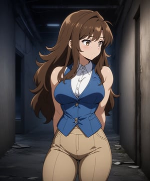 beautiful sexy anime girl with long brown hair & a muscular body, wearing white sleeveless button up collared shirt with a blue vest over it & beige khaki pants, in a abandoned urban dark alley in a dark night sky, 1girl